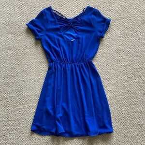 Willa Blue Fit & Flare Dress Mini Elastic Waist Strappy Back Short Sleeve Medium